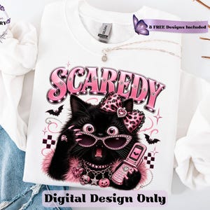 Bring a little drama and a lot of personality to your spooky season creations with this adorable Scaredy Cat Halloween PNG featuring a wide-eyed black cat in a glamorous pink coquette aesthetic. Dressed in sparkling rhinestone sunglasses, a pink leopard bow, layered jewelry, fluffy pink accents, and holding a trendy Y2K flip phone, this fashionable feline perfectly captures the playful side of Halloween.