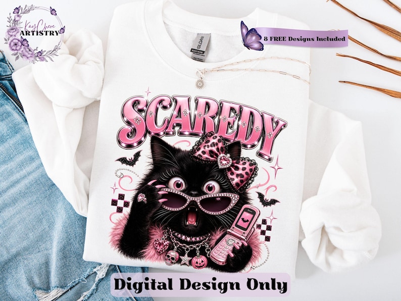 Bring a little drama and a lot of personality to your spooky season creations with this adorable Scaredy Cat Halloween PNG featuring a wide-eyed black cat in a glamorous pink coquette aesthetic. Dressed in sparkling rhinestone sunglasses, a pink leopard bow, layered jewelry, fluffy pink accents, and holding a trendy Y2K flip phone, this fashionable feline perfectly captures the playful side of Halloween.