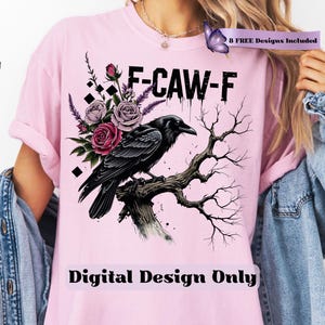 Make a bold statement with this edgy F-CAW-F crow and roses PNG design—perfect for those who love a blend of gothic charm and sarcastic attitude. Featuring a fierce black raven perched on a gnarled tree branch, surrounded by deep red and muted mauve roses with lavender accents, this design is ideal for tees, tote bags, mugs, or wall art. The distressed grunge elements and dark woodland aesthetic give it a rebellious yet artistic vibe, ideal for Halloween and beyond.