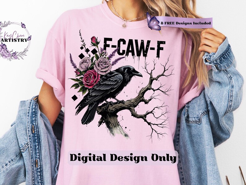 Make a bold statement with this edgy F-CAW-F crow and roses PNG design—perfect for those who love a blend of gothic charm and sarcastic attitude. Featuring a fierce black raven perched on a gnarled tree branch, surrounded by deep red and muted mauve roses with lavender accents, this design is ideal for tees, tote bags, mugs, or wall art. The distressed grunge elements and dark woodland aesthetic give it a rebellious yet artistic vibe, ideal for Halloween and beyond.