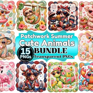 May include: A collection of 15 PNG images featuring patchwork summer-themed cute animals. The images include a duck, sloth, raccoon, pig, cow, flamingo, turtle, and crab, all wearing sunglasses and summer accessories. The images are surrounded by decorative frames.