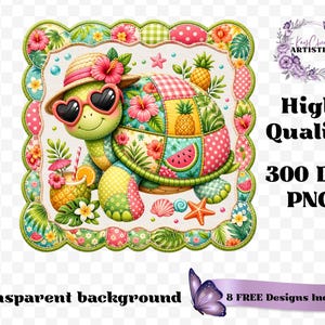 This adorable summer turtle PNG features a cheerful patchwork turtle enjoying a bright tropical day, designed with vibrant quilted textures and playful stitched fabric patterns. With a colorful mix of coral pink, sunny yellow, leafy green, aqua, and soft tropical tones, this turtle clipart has a cozy handcrafted look that feels fun and on-trend. From a straw sun hat and heart-shaped sunglasses to fruity details like pineapple, watermelon and citrus drinks, every element adds a fresh beachy vibe