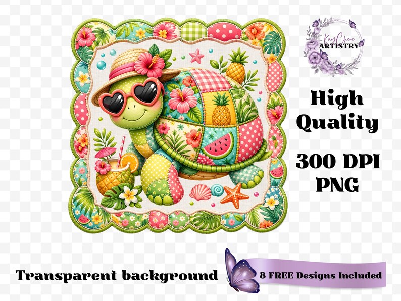 This adorable summer turtle PNG features a cheerful patchwork turtle enjoying a bright tropical day, designed with vibrant quilted textures and playful stitched fabric patterns. With a colorful mix of coral pink, sunny yellow, leafy green, aqua, and soft tropical tones, this turtle clipart has a cozy handcrafted look that feels fun and on-trend. From a straw sun hat and heart-shaped sunglasses to fruity details like pineapple, watermelon and citrus drinks, every element adds a fresh beachy vibe