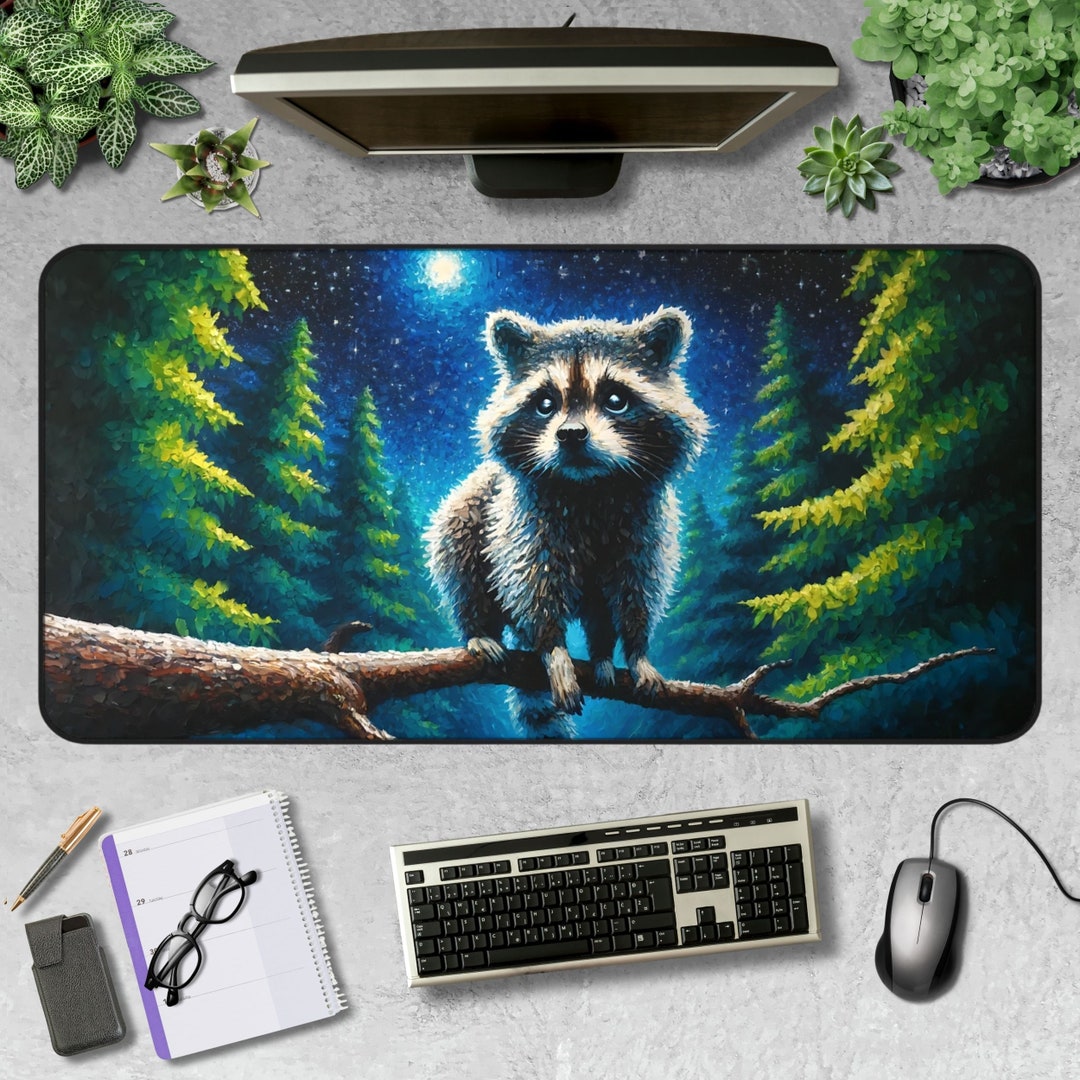 Desk Racoons Raccoon Desk Mat, Moonlit Raccoon Mousepad, Raccoon Neoprene Gaming Mat ...