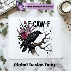 Make a bold statement with this edgy F-CAW-F crow and roses PNG design—perfect for those who love a blend of gothic charm and sarcastic attitude. Featuring a fierce black raven perched on a gnarled tree branch, surrounded by deep red and muted mauve roses with lavender accents, this design is ideal for tees, tote bags, mugs, or wall art. The distressed grunge elements and dark woodland aesthetic give it a rebellious yet artistic vibe, ideal for Halloween and beyond.