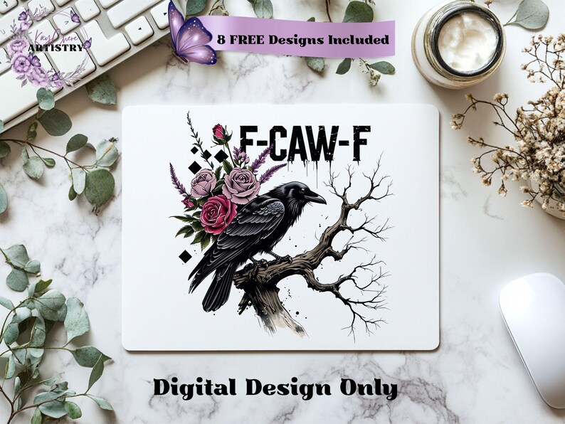 Make a bold statement with this edgy F-CAW-F crow and roses PNG design—perfect for those who love a blend of gothic charm and sarcastic attitude. Featuring a fierce black raven perched on a gnarled tree branch, surrounded by deep red and muted mauve roses with lavender accents, this design is ideal for tees, tote bags, mugs, or wall art. The distressed grunge elements and dark woodland aesthetic give it a rebellious yet artistic vibe, ideal for Halloween and beyond.