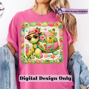 This adorable summer turtle PNG features a cheerful patchwork turtle enjoying a bright tropical day, designed with vibrant quilted textures and playful stitched fabric patterns. With a colorful mix of coral pink, sunny yellow, leafy green, aqua, and soft tropical tones, this turtle clipart has a cozy handcrafted look that feels fun and on-trend. From a straw sun hat and heart-shaped sunglasses to fruity details like pineapple, watermelon and citrus drinks, every element adds a fresh beachy vibe