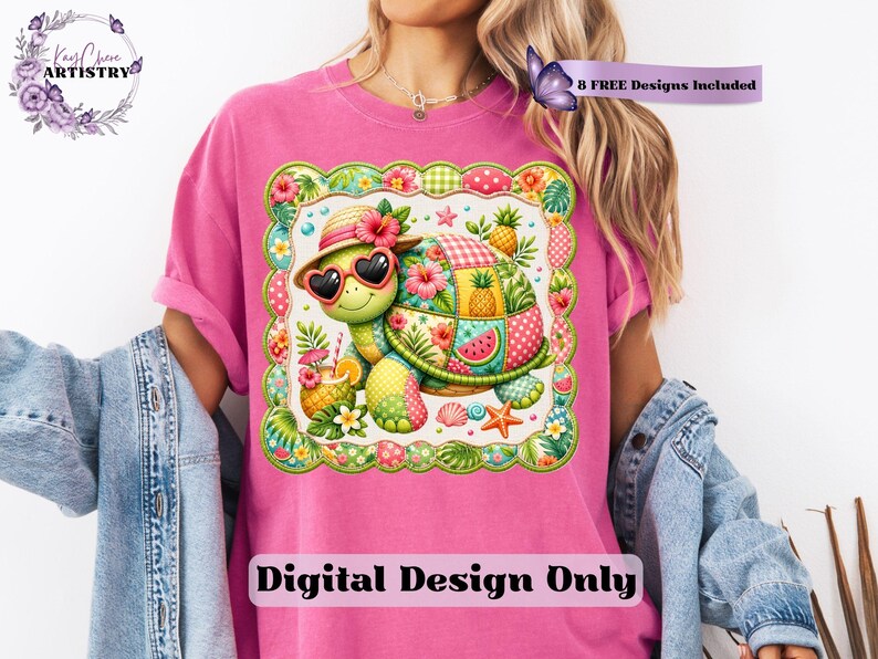 This adorable summer turtle PNG features a cheerful patchwork turtle enjoying a bright tropical day, designed with vibrant quilted textures and playful stitched fabric patterns. With a colorful mix of coral pink, sunny yellow, leafy green, aqua, and soft tropical tones, this turtle clipart has a cozy handcrafted look that feels fun and on-trend. From a straw sun hat and heart-shaped sunglasses to fruity details like pineapple, watermelon and citrus drinks, every element adds a fresh beachy vibe