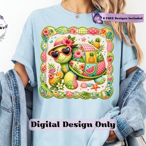This adorable summer turtle PNG features a cheerful patchwork turtle enjoying a bright tropical day, designed with vibrant quilted textures and playful stitched fabric patterns. With a colorful mix of coral pink, sunny yellow, leafy green, aqua, and soft tropical tones, this turtle clipart has a cozy handcrafted look that feels fun and on-trend. From a straw sun hat and heart-shaped sunglasses to fruity details like pineapple, watermelon and citrus drinks, every element adds a fresh beachy vibe