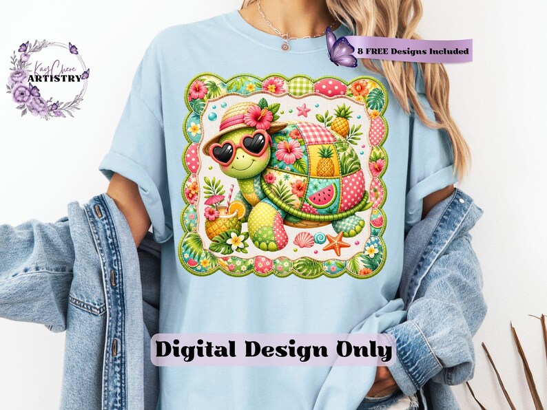 This adorable summer turtle PNG features a cheerful patchwork turtle enjoying a bright tropical day, designed with vibrant quilted textures and playful stitched fabric patterns. With a colorful mix of coral pink, sunny yellow, leafy green, aqua, and soft tropical tones, this turtle clipart has a cozy handcrafted look that feels fun and on-trend. From a straw sun hat and heart-shaped sunglasses to fruity details like pineapple, watermelon and citrus drinks, every element adds a fresh beachy vibe