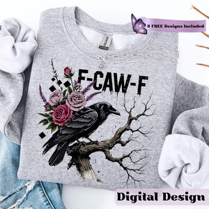 Make a bold statement with this edgy F-CAW-F crow and roses PNG design—perfect for those who love a blend of gothic charm and sarcastic attitude. Featuring a fierce black raven perched on a gnarled tree branch, surrounded by deep red and muted mauve roses with lavender accents, this design is ideal for tees, tote bags, mugs, or wall art. The distressed grunge elements and dark woodland aesthetic give it a rebellious yet artistic vibe, ideal for Halloween and beyond.