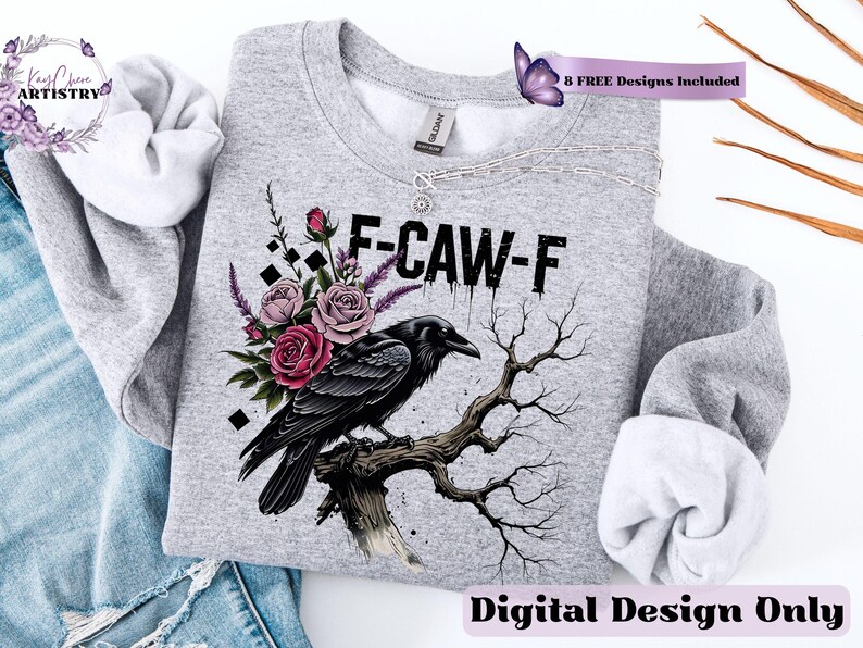 Make a bold statement with this edgy F-CAW-F crow and roses PNG design—perfect for those who love a blend of gothic charm and sarcastic attitude. Featuring a fierce black raven perched on a gnarled tree branch, surrounded by deep red and muted mauve roses with lavender accents, this design is ideal for tees, tote bags, mugs, or wall art. The distressed grunge elements and dark woodland aesthetic give it a rebellious yet artistic vibe, ideal for Halloween and beyond.