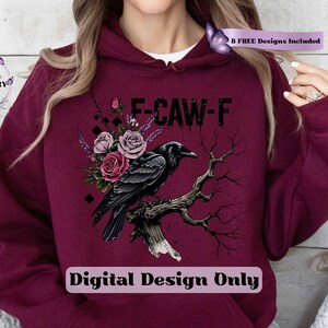 Make a bold statement with this edgy F-CAW-F crow and roses PNG design—perfect for those who love a blend of gothic charm and sarcastic attitude. Featuring a fierce black raven perched on a gnarled tree branch, surrounded by deep red and muted mauve roses with lavender accents, this design is ideal for tees, tote bags, mugs, or wall art. The distressed grunge elements and dark woodland aesthetic give it a rebellious yet artistic vibe, ideal for Halloween and beyond.