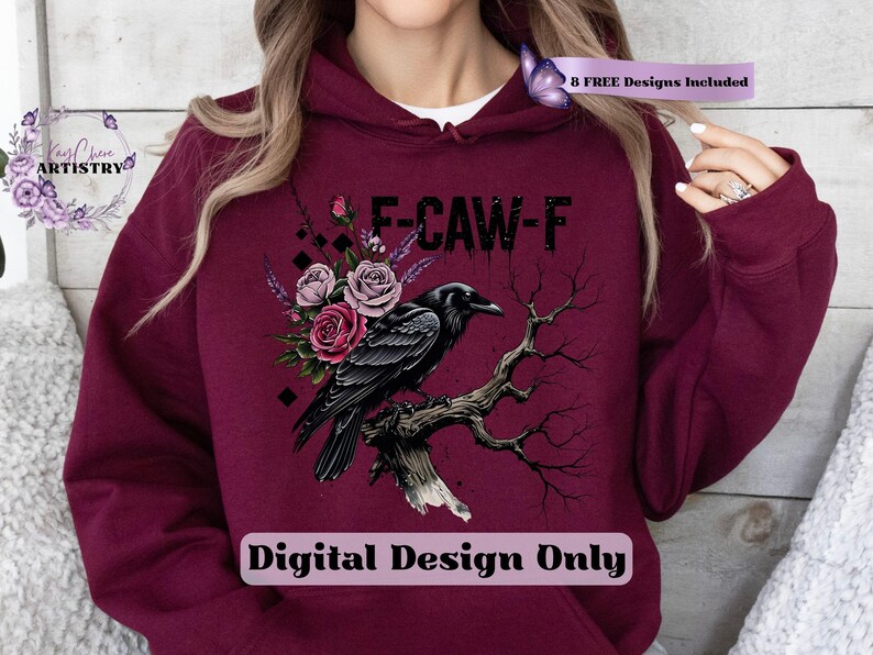 Make a bold statement with this edgy F-CAW-F crow and roses PNG design—perfect for those who love a blend of gothic charm and sarcastic attitude. Featuring a fierce black raven perched on a gnarled tree branch, surrounded by deep red and muted mauve roses with lavender accents, this design is ideal for tees, tote bags, mugs, or wall art. The distressed grunge elements and dark woodland aesthetic give it a rebellious yet artistic vibe, ideal for Halloween and beyond.