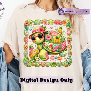 This adorable summer turtle PNG features a cheerful patchwork turtle enjoying a bright tropical day, designed with vibrant quilted textures and playful stitched fabric patterns. With a colorful mix of coral pink, sunny yellow, leafy green, aqua, and soft tropical tones, this turtle clipart has a cozy handcrafted look that feels fun and on-trend. From a straw sun hat and heart-shaped sunglasses to fruity details like pineapple, watermelon and citrus drinks, every element adds a fresh beachy vibe