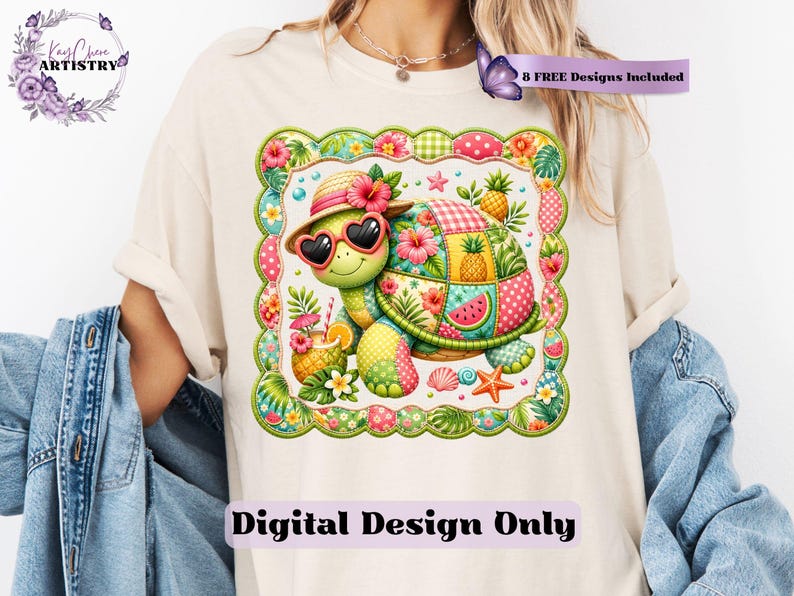 This adorable summer turtle PNG features a cheerful patchwork turtle enjoying a bright tropical day, designed with vibrant quilted textures and playful stitched fabric patterns. With a colorful mix of coral pink, sunny yellow, leafy green, aqua, and soft tropical tones, this turtle clipart has a cozy handcrafted look that feels fun and on-trend. From a straw sun hat and heart-shaped sunglasses to fruity details like pineapple, watermelon and citrus drinks, every element adds a fresh beachy vibe