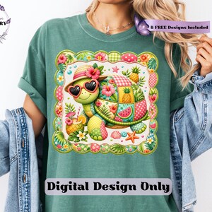 This adorable summer turtle PNG features a cheerful patchwork turtle enjoying a bright tropical day, designed with vibrant quilted textures and playful stitched fabric patterns. With a colorful mix of coral pink, sunny yellow, leafy green, aqua, and soft tropical tones, this turtle clipart has a cozy handcrafted look that feels fun and on-trend. From a straw sun hat and heart-shaped sunglasses to fruity details like pineapple, watermelon and citrus drinks, every element adds a fresh beachy vibe