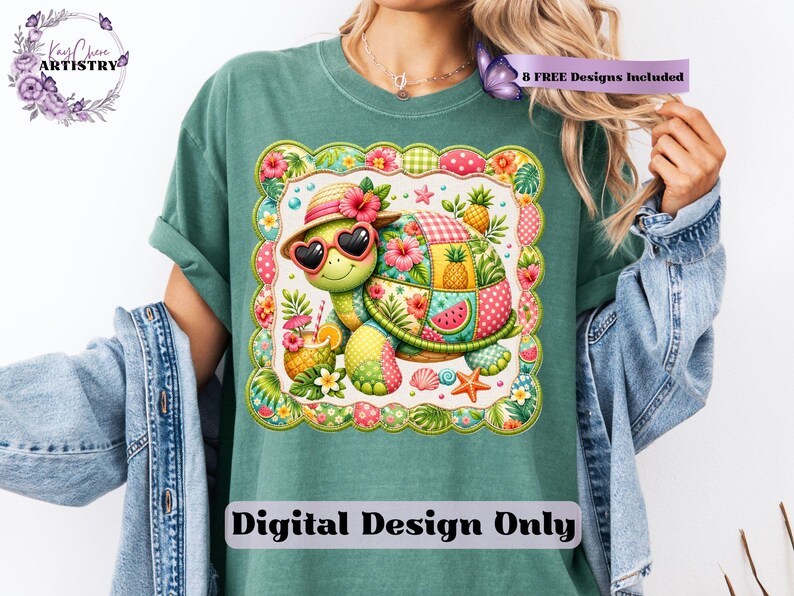This adorable summer turtle PNG features a cheerful patchwork turtle enjoying a bright tropical day, designed with vibrant quilted textures and playful stitched fabric patterns. With a colorful mix of coral pink, sunny yellow, leafy green, aqua, and soft tropical tones, this turtle clipart has a cozy handcrafted look that feels fun and on-trend. From a straw sun hat and heart-shaped sunglasses to fruity details like pineapple, watermelon and citrus drinks, every element adds a fresh beachy vibe