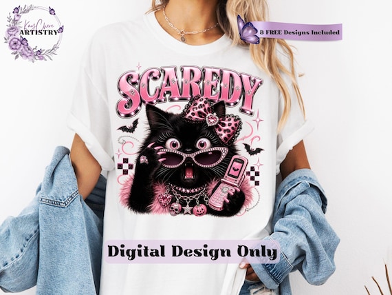 Pink Halloween Black Cat PNG, Scaredy Cat Halloween Design, Girly Halloween Sublimation, Trendy Animal Sayings PNG, Boujee Y2K Spooky PNG