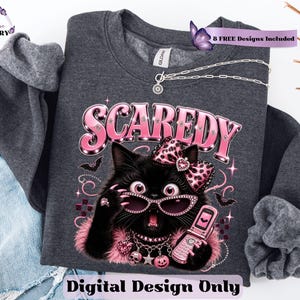 Bring a little drama and a lot of personality to your spooky season creations with this adorable Scaredy Cat Halloween PNG featuring a wide-eyed black cat in a glamorous pink coquette aesthetic. Dressed in sparkling rhinestone sunglasses, a pink leopard bow, layered jewelry, fluffy pink accents, and holding a trendy Y2K flip phone, this fashionable feline perfectly captures the playful side of Halloween.