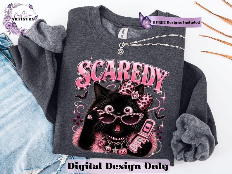 Bring a little drama and a lot of personality to your spooky season creations with this adorable Scaredy Cat Halloween PNG featuring a wide-eyed black cat in a glamorous pink coquette aesthetic. Dressed in sparkling rhinestone sunglasses, a pink leopard bow, layered jewelry, fluffy pink accents, and holding a trendy Y2K flip phone, this fashionable feline perfectly captures the playful side of Halloween.