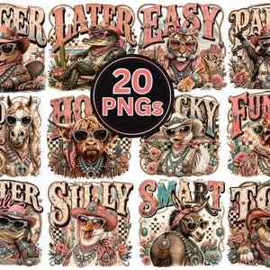 Puede incluir: Una colección de 12 imágenes PNG con animales antropomórficos con atuendo de vaquero. Cada imagen presenta un animal único, como un castor, un caimán y un tigre, con gafas de sol y sombreros de vaquero. Las imágenes tienen superposiciones de texto como "EAGER" y "PARTY".