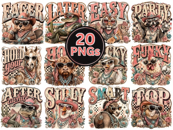 Funny Animal Quotes PNG Bundle 20 Designs, Silly Animal Quotes Sublimation, Retro Cowgirl Animal Sayings PNG Set, Funny Western Animals PNG