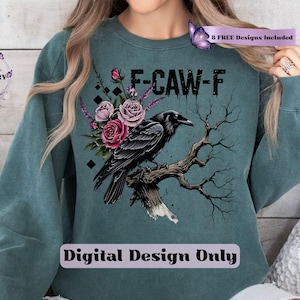 Make a bold statement with this edgy F-CAW-F crow and roses PNG design—perfect for those who love a blend of gothic charm and sarcastic attitude. Featuring a fierce black raven perched on a gnarled tree branch, surrounded by deep red and muted mauve roses with lavender accents, this design is ideal for tees, tote bags, mugs, or wall art. The distressed grunge elements and dark woodland aesthetic give it a rebellious yet artistic vibe, ideal for Halloween and beyond.
