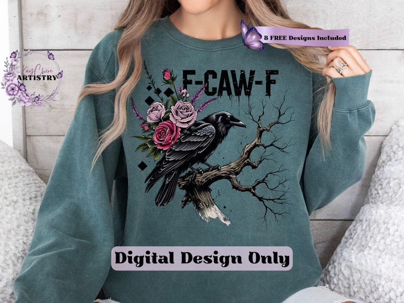 Make a bold statement with this edgy F-CAW-F crow and roses PNG design—perfect for those who love a blend of gothic charm and sarcastic attitude. Featuring a fierce black raven perched on a gnarled tree branch, surrounded by deep red and muted mauve roses with lavender accents, this design is ideal for tees, tote bags, mugs, or wall art. The distressed grunge elements and dark woodland aesthetic give it a rebellious yet artistic vibe, ideal for Halloween and beyond.