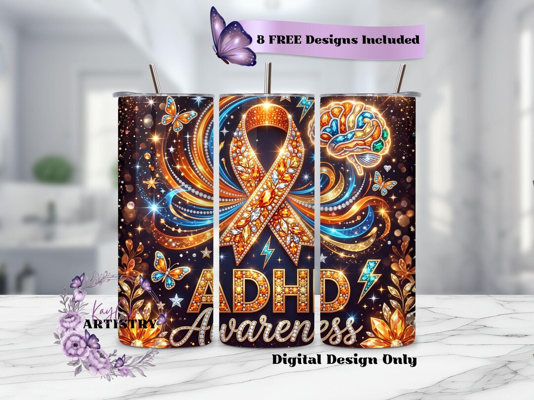 ADHD Awareness Tumbler Wrap, Rhinestone ADHD Ribbon 20oz Skinny ...