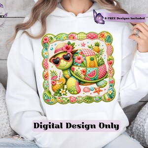 This adorable summer turtle PNG features a cheerful patchwork turtle enjoying a bright tropical day, designed with vibrant quilted textures and playful stitched fabric patterns. With a colorful mix of coral pink, sunny yellow, leafy green, aqua, and soft tropical tones, this turtle clipart has a cozy handcrafted look that feels fun and on-trend. From a straw sun hat and heart-shaped sunglasses to fruity details like pineapple, watermelon and citrus drinks, every element adds a fresh beachy vibe