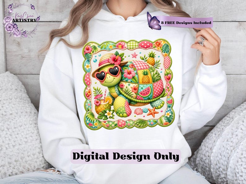 This adorable summer turtle PNG features a cheerful patchwork turtle enjoying a bright tropical day, designed with vibrant quilted textures and playful stitched fabric patterns. With a colorful mix of coral pink, sunny yellow, leafy green, aqua, and soft tropical tones, this turtle clipart has a cozy handcrafted look that feels fun and on-trend. From a straw sun hat and heart-shaped sunglasses to fruity details like pineapple, watermelon and citrus drinks, every element adds a fresh beachy vibe