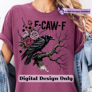 Make a bold statement with this edgy F-CAW-F crow and roses PNG design—perfect for those who love a blend of gothic charm and sarcastic attitude. Featuring a fierce black raven perched on a gnarled tree branch, surrounded by deep red and muted mauve roses with lavender accents, this design is ideal for tees, tote bags, mugs, or wall art. The distressed grunge elements and dark woodland aesthetic give it a rebellious yet artistic vibe, ideal for Halloween and beyond.