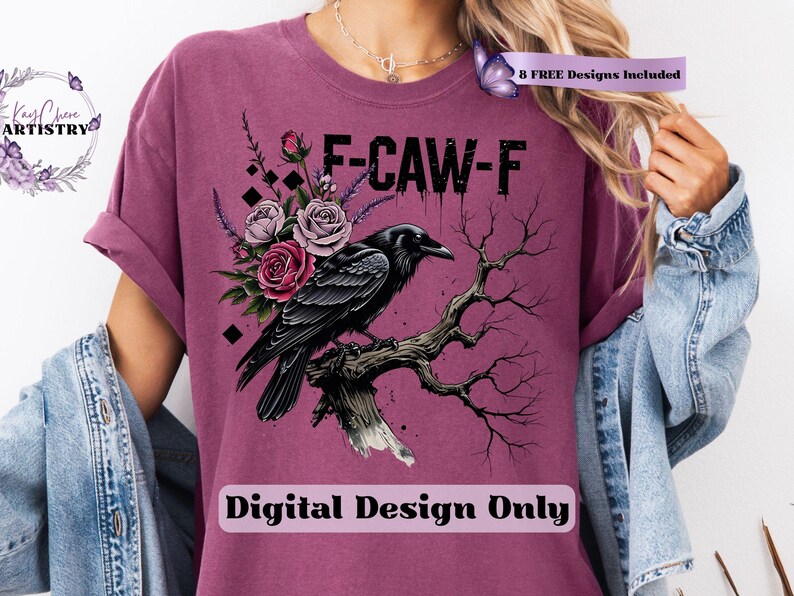 Make a bold statement with this edgy F-CAW-F crow and roses PNG design—perfect for those who love a blend of gothic charm and sarcastic attitude. Featuring a fierce black raven perched on a gnarled tree branch, surrounded by deep red and muted mauve roses with lavender accents, this design is ideal for tees, tote bags, mugs, or wall art. The distressed grunge elements and dark woodland aesthetic give it a rebellious yet artistic vibe, ideal for Halloween and beyond.
