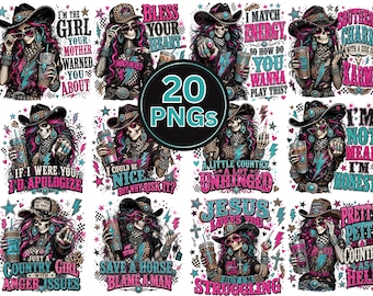 Sarkastische Skelett-Cowgirl-PNG-Bundle mit 20 Designs, Western-Skelett mit sarkastischen Sprüchen für Sublimationsdruck, freches Country-Girl-Skelett (PNG)