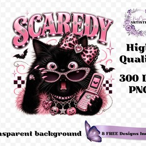 Bring a little drama and a lot of personality to your spooky season creations with this adorable Scaredy Cat Halloween PNG featuring a wide-eyed black cat in a glamorous pink coquette aesthetic. Dressed in sparkling rhinestone sunglasses, a pink leopard bow, layered jewelry, fluffy pink accents, and holding a trendy Y2K flip phone, this fashionable feline perfectly captures the playful side of Halloween.