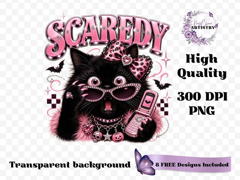 Bring a little drama and a lot of personality to your spooky season creations with this adorable Scaredy Cat Halloween PNG featuring a wide-eyed black cat in a glamorous pink coquette aesthetic. Dressed in sparkling rhinestone sunglasses, a pink leopard bow, layered jewelry, fluffy pink accents, and holding a trendy Y2K flip phone, this fashionable feline perfectly captures the playful side of Halloween.