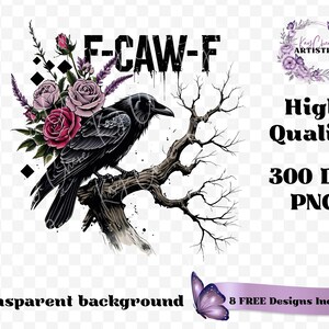 Make a bold statement with this edgy F-CAW-F crow and roses PNG design—perfect for those who love a blend of gothic charm and sarcastic attitude. Featuring a fierce black raven perched on a gnarled tree branch, surrounded by deep red and muted mauve roses with lavender accents, this design is ideal for tees, tote bags, mugs, or wall art. The distressed grunge elements and dark woodland aesthetic give it a rebellious yet artistic vibe, ideal for Halloween and beyond.