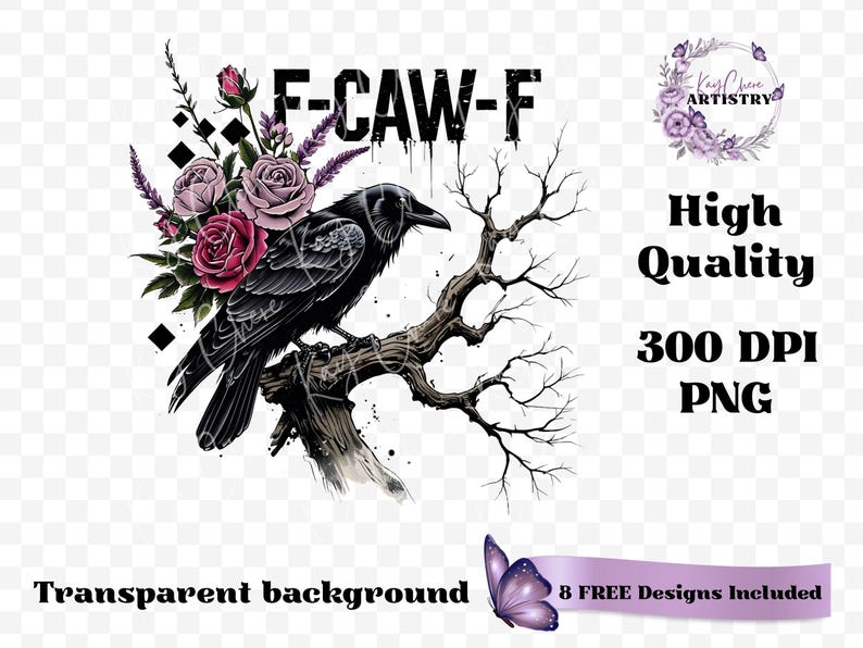 Make a bold statement with this edgy F-CAW-F crow and roses PNG design—perfect for those who love a blend of gothic charm and sarcastic attitude. Featuring a fierce black raven perched on a gnarled tree branch, surrounded by deep red and muted mauve roses with lavender accents, this design is ideal for tees, tote bags, mugs, or wall art. The distressed grunge elements and dark woodland aesthetic give it a rebellious yet artistic vibe, ideal for Halloween and beyond.