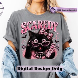 Bring a little drama and a lot of personality to your spooky season creations with this adorable Scaredy Cat Halloween PNG featuring a wide-eyed black cat in a glamorous pink coquette aesthetic. Dressed in sparkling rhinestone sunglasses, a pink leopard bow, layered jewelry, fluffy pink accents, and holding a trendy Y2K flip phone, this fashionable feline perfectly captures the playful side of Halloween.