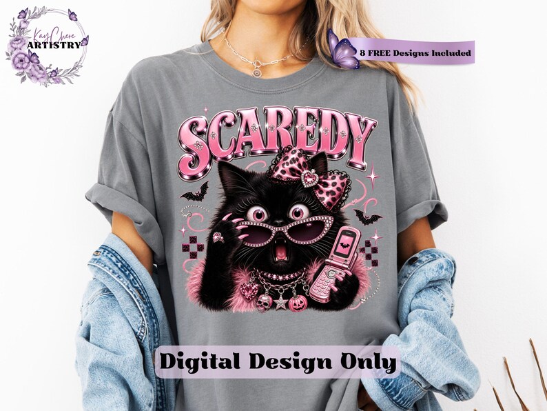 Bring a little drama and a lot of personality to your spooky season creations with this adorable Scaredy Cat Halloween PNG featuring a wide-eyed black cat in a glamorous pink coquette aesthetic. Dressed in sparkling rhinestone sunglasses, a pink leopard bow, layered jewelry, fluffy pink accents, and holding a trendy Y2K flip phone, this fashionable feline perfectly captures the playful side of Halloween.