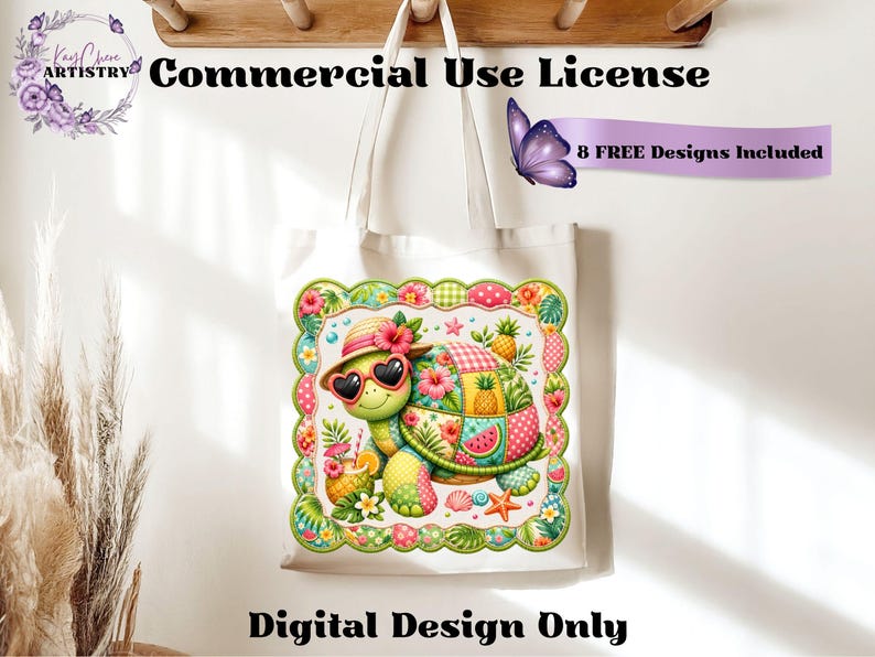 This adorable summer turtle PNG features a cheerful patchwork turtle enjoying a bright tropical day, designed with vibrant quilted textures and playful stitched fabric patterns. With a colorful mix of coral pink, sunny yellow, leafy green, aqua, and soft tropical tones, this turtle clipart has a cozy handcrafted look that feels fun and on-trend. From a straw sun hat and heart-shaped sunglasses to fruity details like pineapple, watermelon and citrus drinks, every element adds a fresh beachy vibe