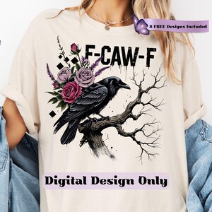 Make a bold statement with this edgy F-CAW-F crow and roses PNG design—perfect for those who love a blend of gothic charm and sarcastic attitude. Featuring a fierce black raven perched on a gnarled tree branch, surrounded by deep red and muted mauve roses with lavender accents, this design is ideal for tees, tote bags, mugs, or wall art. The distressed grunge elements and dark woodland aesthetic give it a rebellious yet artistic vibe, ideal for Halloween and beyond.