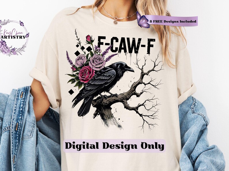 Make a bold statement with this edgy F-CAW-F crow and roses PNG design—perfect for those who love a blend of gothic charm and sarcastic attitude. Featuring a fierce black raven perched on a gnarled tree branch, surrounded by deep red and muted mauve roses with lavender accents, this design is ideal for tees, tote bags, mugs, or wall art. The distressed grunge elements and dark woodland aesthetic give it a rebellious yet artistic vibe, ideal for Halloween and beyond.