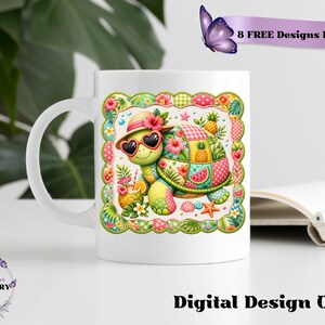 This adorable summer turtle PNG features a cheerful patchwork turtle enjoying a bright tropical day, designed with vibrant quilted textures and playful stitched fabric patterns. With a colorful mix of coral pink, sunny yellow, leafy green, aqua, and soft tropical tones, this turtle clipart has a cozy handcrafted look that feels fun and on-trend. From a straw sun hat and heart-shaped sunglasses to fruity details like pineapple, watermelon and citrus drinks, every element adds a fresh beachy vibe