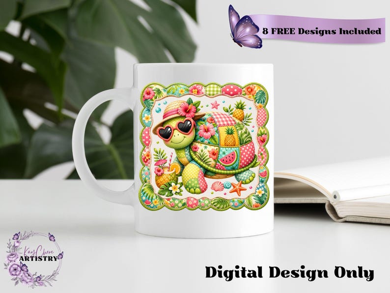 This adorable summer turtle PNG features a cheerful patchwork turtle enjoying a bright tropical day, designed with vibrant quilted textures and playful stitched fabric patterns. With a colorful mix of coral pink, sunny yellow, leafy green, aqua, and soft tropical tones, this turtle clipart has a cozy handcrafted look that feels fun and on-trend. From a straw sun hat and heart-shaped sunglasses to fruity details like pineapple, watermelon and citrus drinks, every element adds a fresh beachy vibe