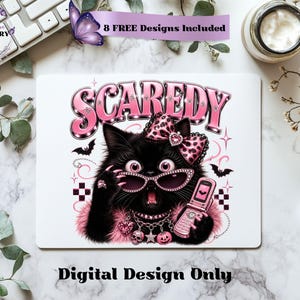 Bring a little drama and a lot of personality to your spooky season creations with this adorable Scaredy Cat Halloween PNG featuring a wide-eyed black cat in a glamorous pink coquette aesthetic. Dressed in sparkling rhinestone sunglasses, a pink leopard bow, layered jewelry, fluffy pink accents, and holding a trendy Y2K flip phone, this fashionable feline perfectly captures the playful side of Halloween.