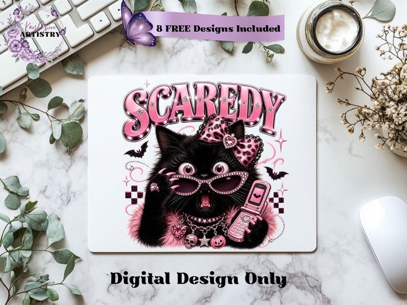Bring a little drama and a lot of personality to your spooky season creations with this adorable Scaredy Cat Halloween PNG featuring a wide-eyed black cat in a glamorous pink coquette aesthetic. Dressed in sparkling rhinestone sunglasses, a pink leopard bow, layered jewelry, fluffy pink accents, and holding a trendy Y2K flip phone, this fashionable feline perfectly captures the playful side of Halloween.