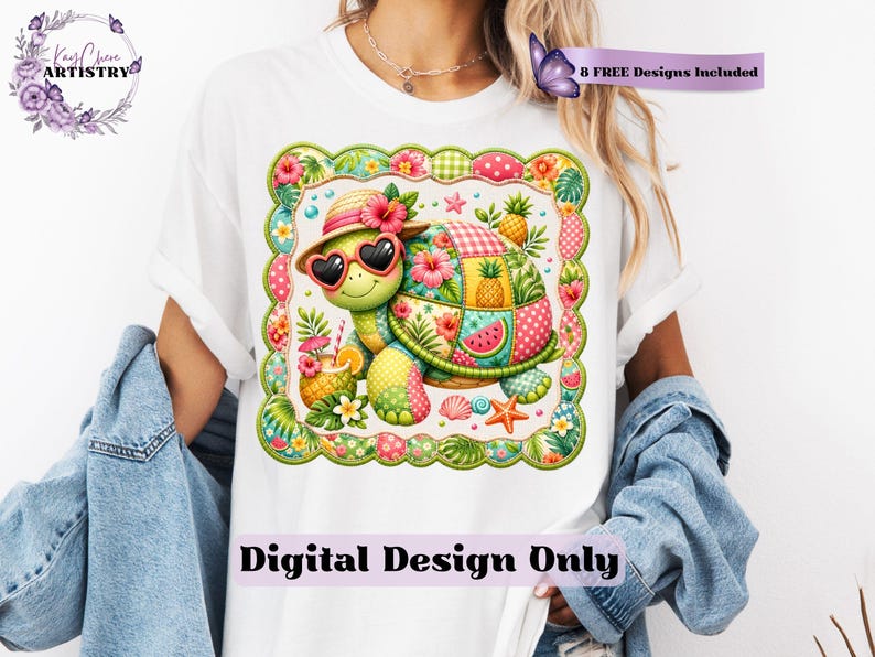 This adorable summer turtle PNG features a cheerful patchwork turtle enjoying a bright tropical day, designed with vibrant quilted textures and playful stitched fabric patterns. With a colorful mix of coral pink, sunny yellow, leafy green, aqua, and soft tropical tones, this turtle clipart has a cozy handcrafted look that feels fun and on-trend. From a straw sun hat and heart-shaped sunglasses to fruity details like pineapple, watermelon and citrus drinks, every element adds a fresh beachy vibe