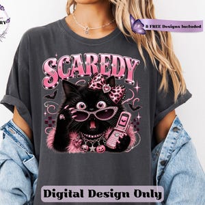 Bring a little drama and a lot of personality to your spooky season creations with this adorable Scaredy Cat Halloween PNG featuring a wide-eyed black cat in a glamorous pink coquette aesthetic. Dressed in sparkling rhinestone sunglasses, a pink leopard bow, layered jewelry, fluffy pink accents, and holding a trendy Y2K flip phone, this fashionable feline perfectly captures the playful side of Halloween.